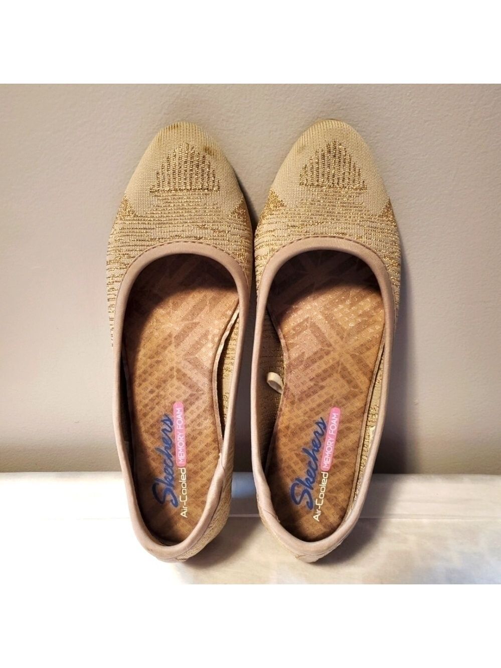 Skechers Ballet Flats Boho Woven Fabric Embroidered Cleo Wham Tan Gold Size 8